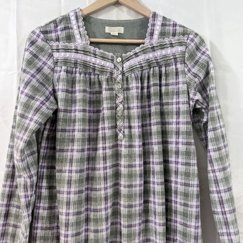 Womens M Fleece Nightgown Purple Plaid Long Sleeve Pajamas Modest Grandma‎ Soft